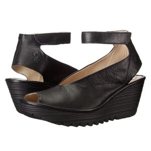 FLY London Black Leather Yaya Peep Toe Wedge Sandal Women's Size 37